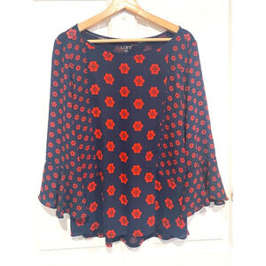 Loft - Navy & Red floral ruffled sleeve round neck blouse women's size Small